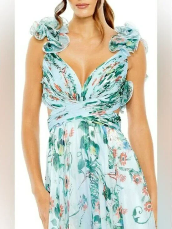 Mac Duggal Blue Chiffon V-Neck Sleeveless Cut-Out Lace Up Back Gown - Picture 2 of 8